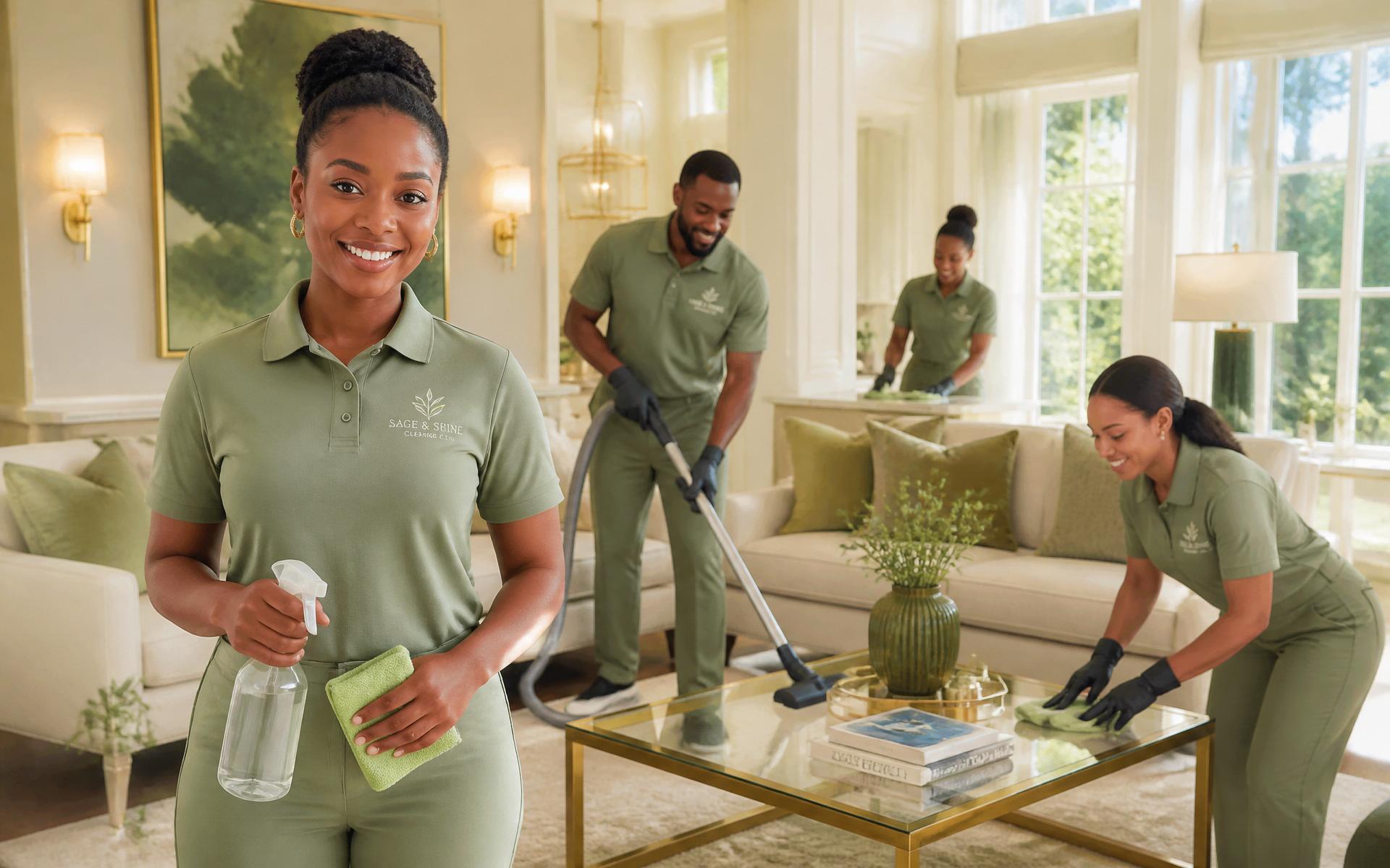 Professional Sage cleaning team in uniform servicing a modern interior